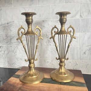 Vintage Pair of 12” Tall Lyre Shaped Brass Candle Holders